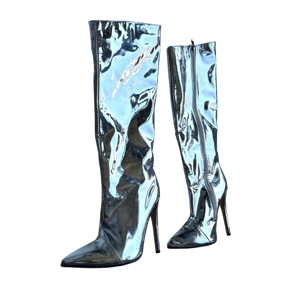 Silver Metallic Knee High Heeled Boots Size 7